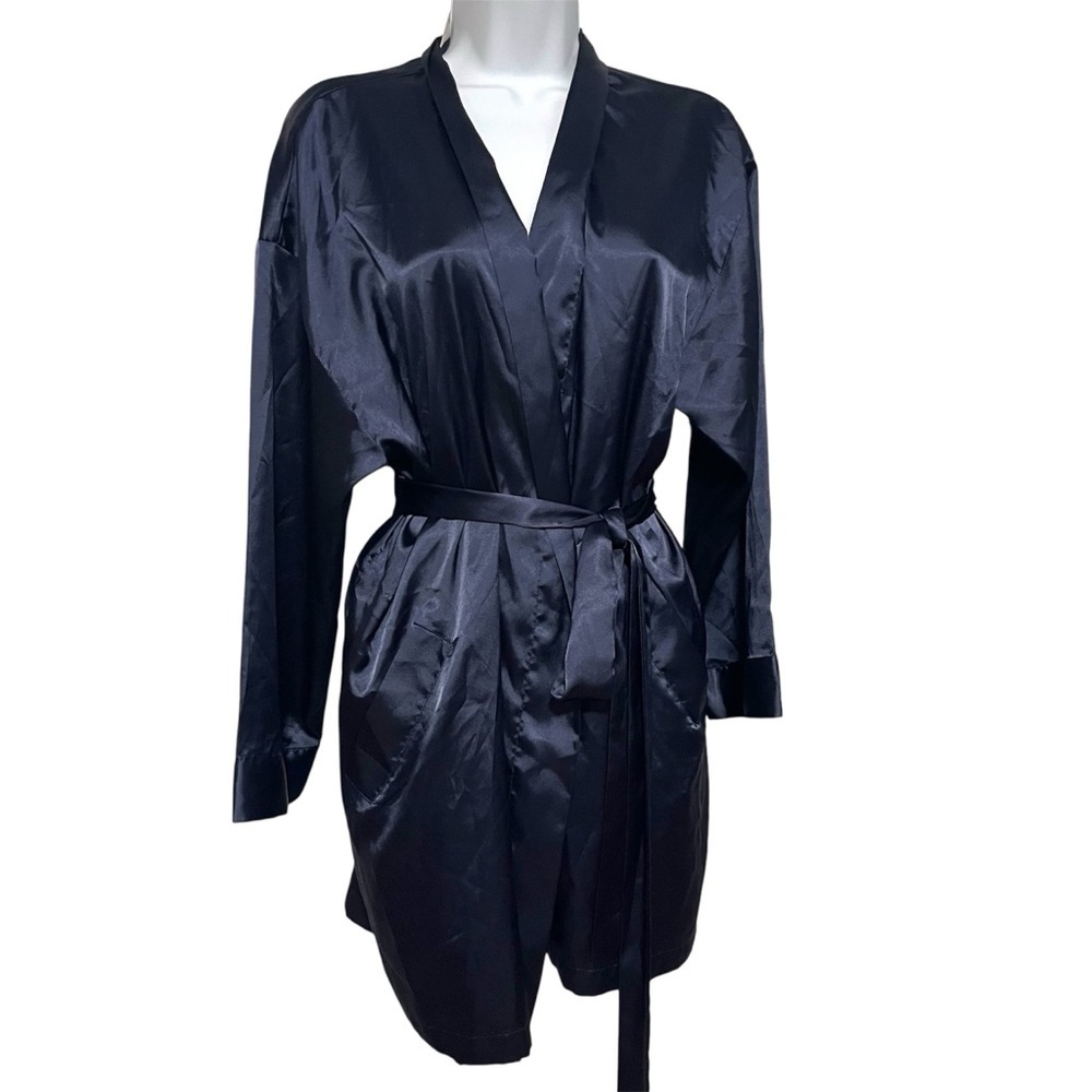 Vintage Victoria's Secret Navy Satin Robe Belt Tie Pocket One Size Sexy Lingerie
